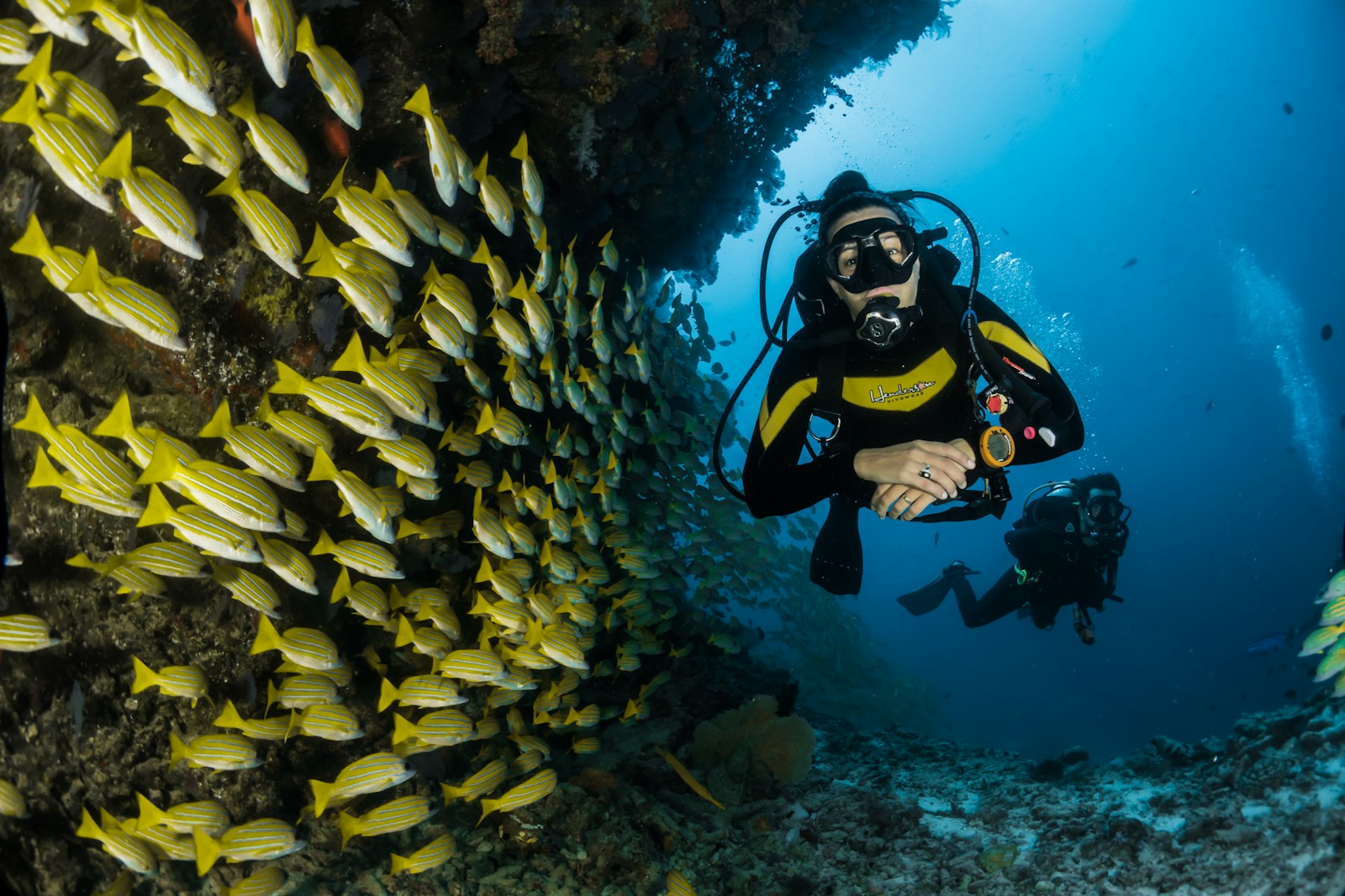 Scuba diver gliding over a vibrant sunlit coral reef with clear turquoise deep ocean water